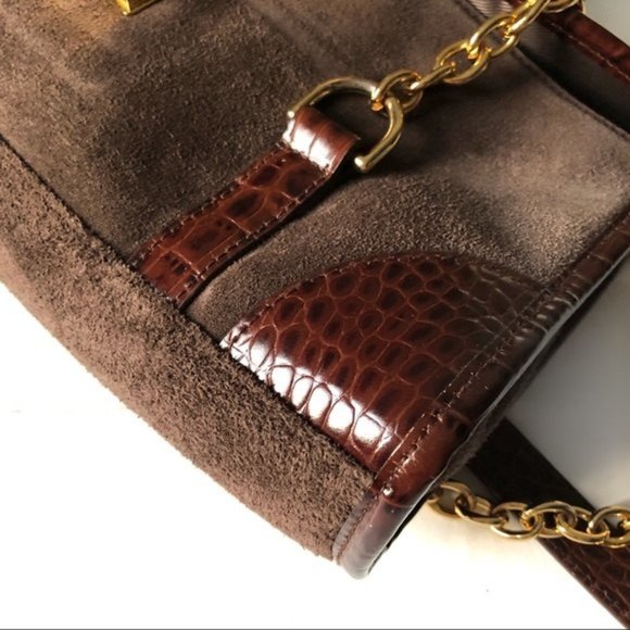 RALPH Lauren Bag Y2K Baguette Shoulder Genuine Suede and Croc Embossed Leather - Picture 7 of 12